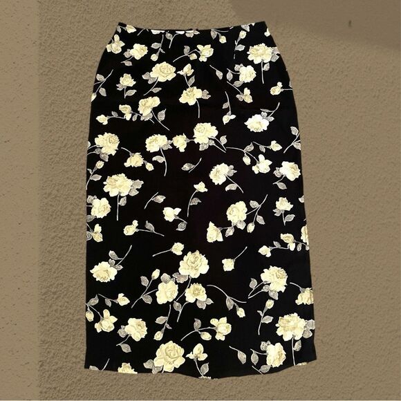 90s vintage black floral maxi skirt side slit - Picture 1 of 10